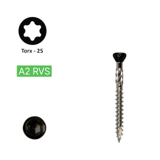 Potdeksel schroef 5,0 x 60 Torx (T25) |PFS+ RVS C2 | Zwarte Kop  200 Stuks